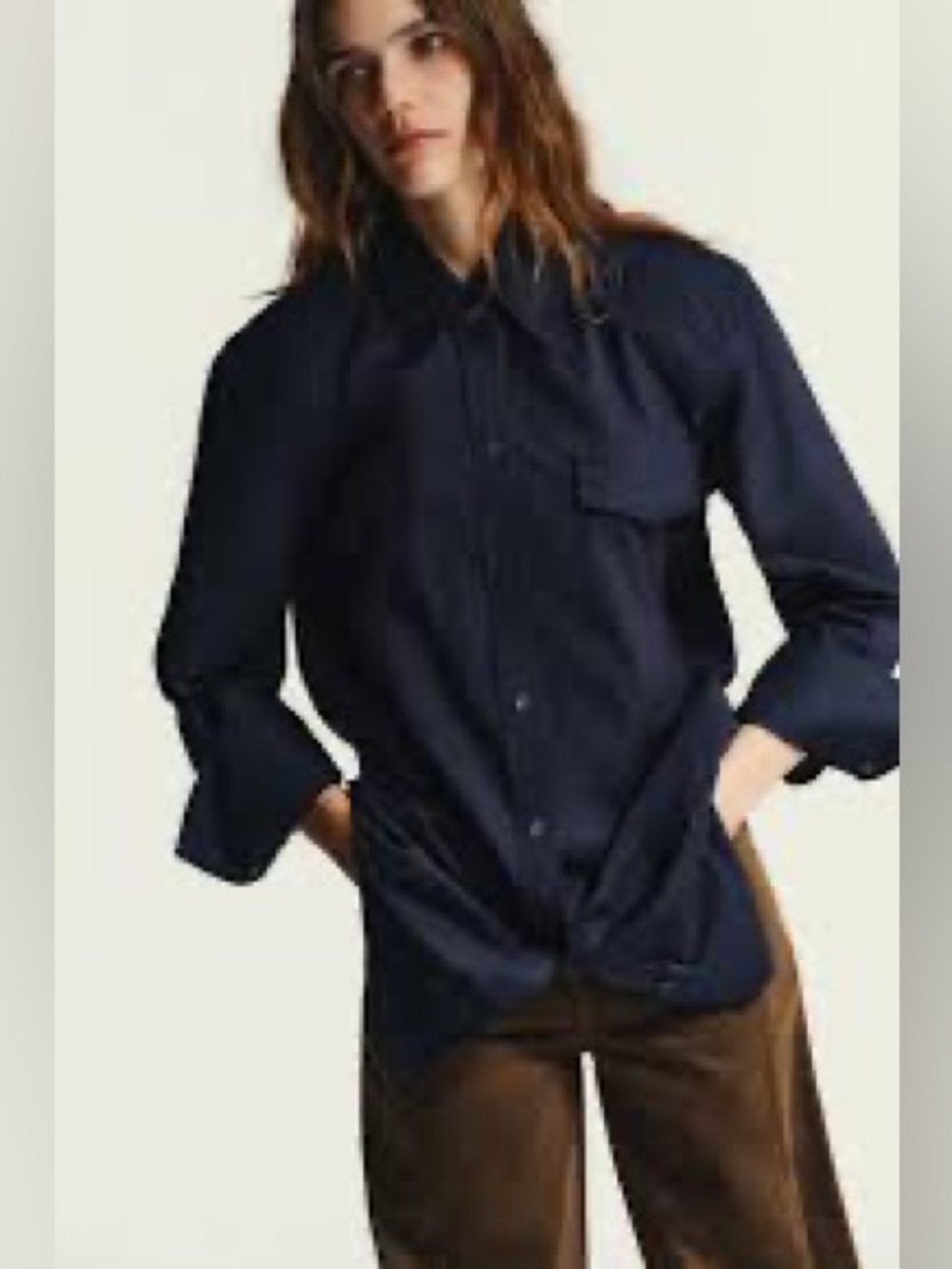 Zara Poplin button front Shirt Shoulder Pads in Navy Blue oversized Medium